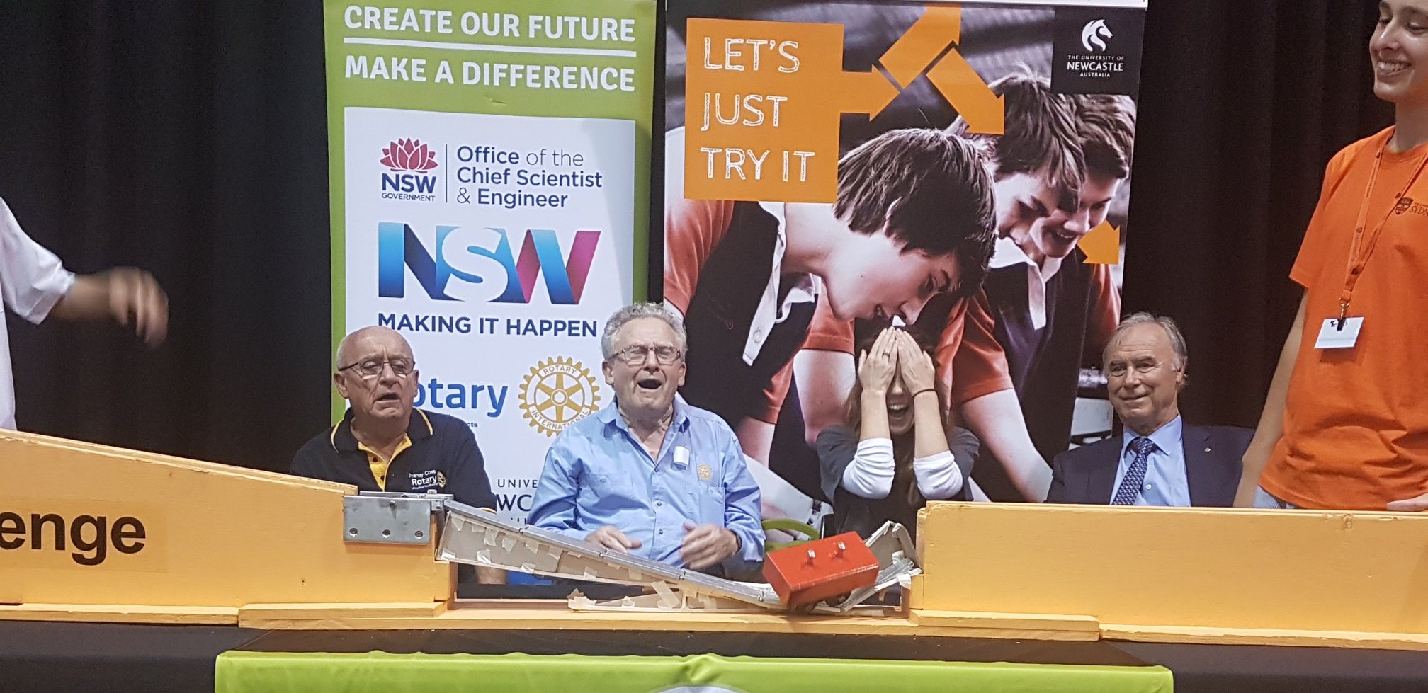 The judging panel, including Federal Member for Bennelong, Mr John Alexander MP, watching disaster unfold at the 2019 SEC.