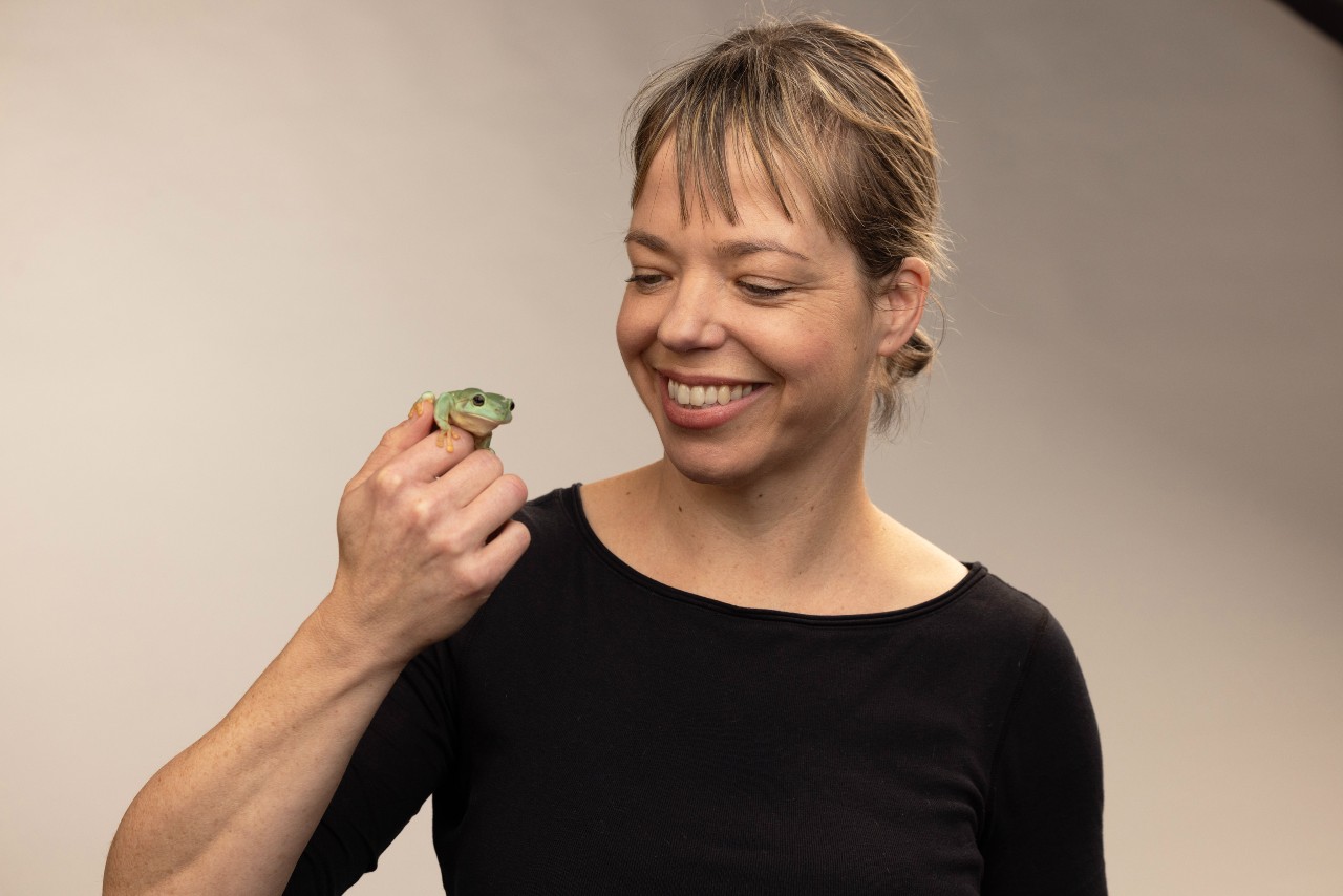 Dr Jodi Rowley with frog